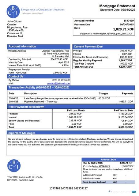 Mali Banque pour le Commerce et l'Industrie du Mali (BCI Mali) mortgage statement Word and PDF template